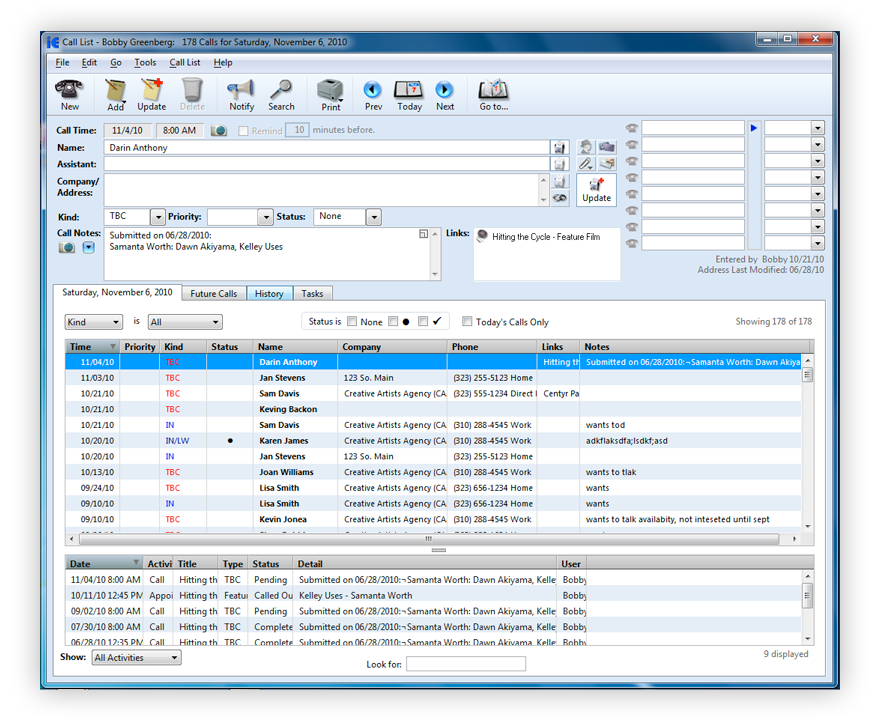 Screenshot: Windows Call List